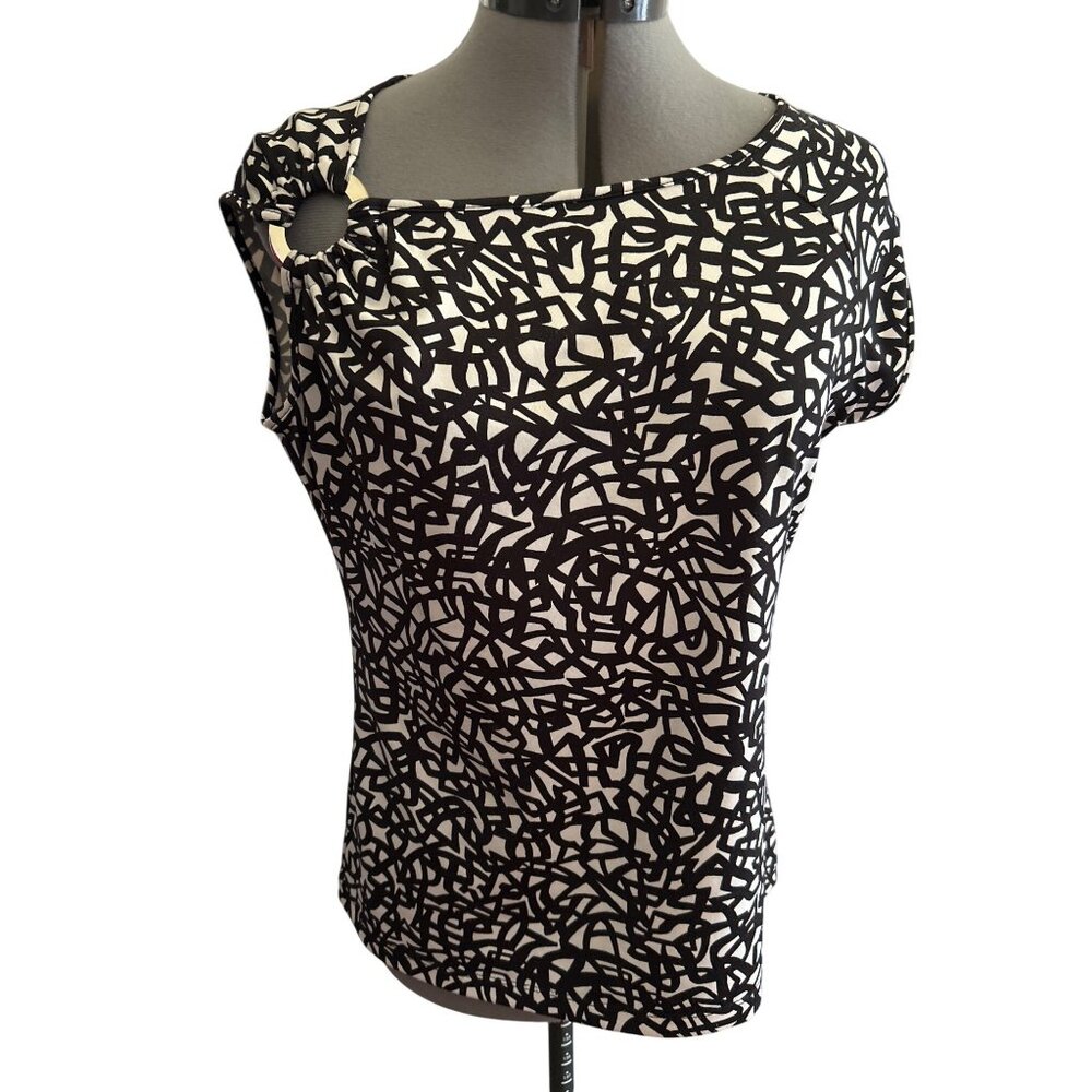 New York & Company Womens Stretch Black & Ivory Abstract Pattern Top M